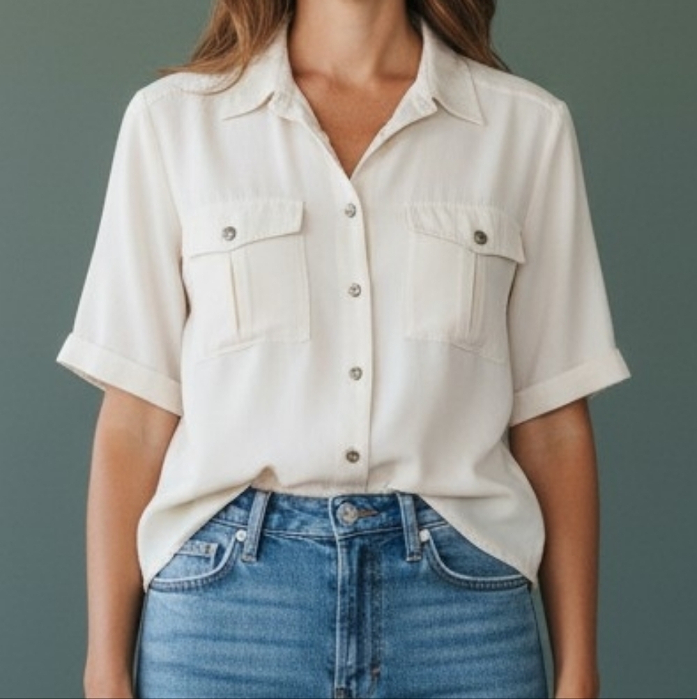 Vtg Preppy Academia Metal Button Down Lightweight Semi-sheer Blouse